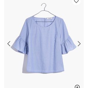 Madewell blue top with ruffled sleeves